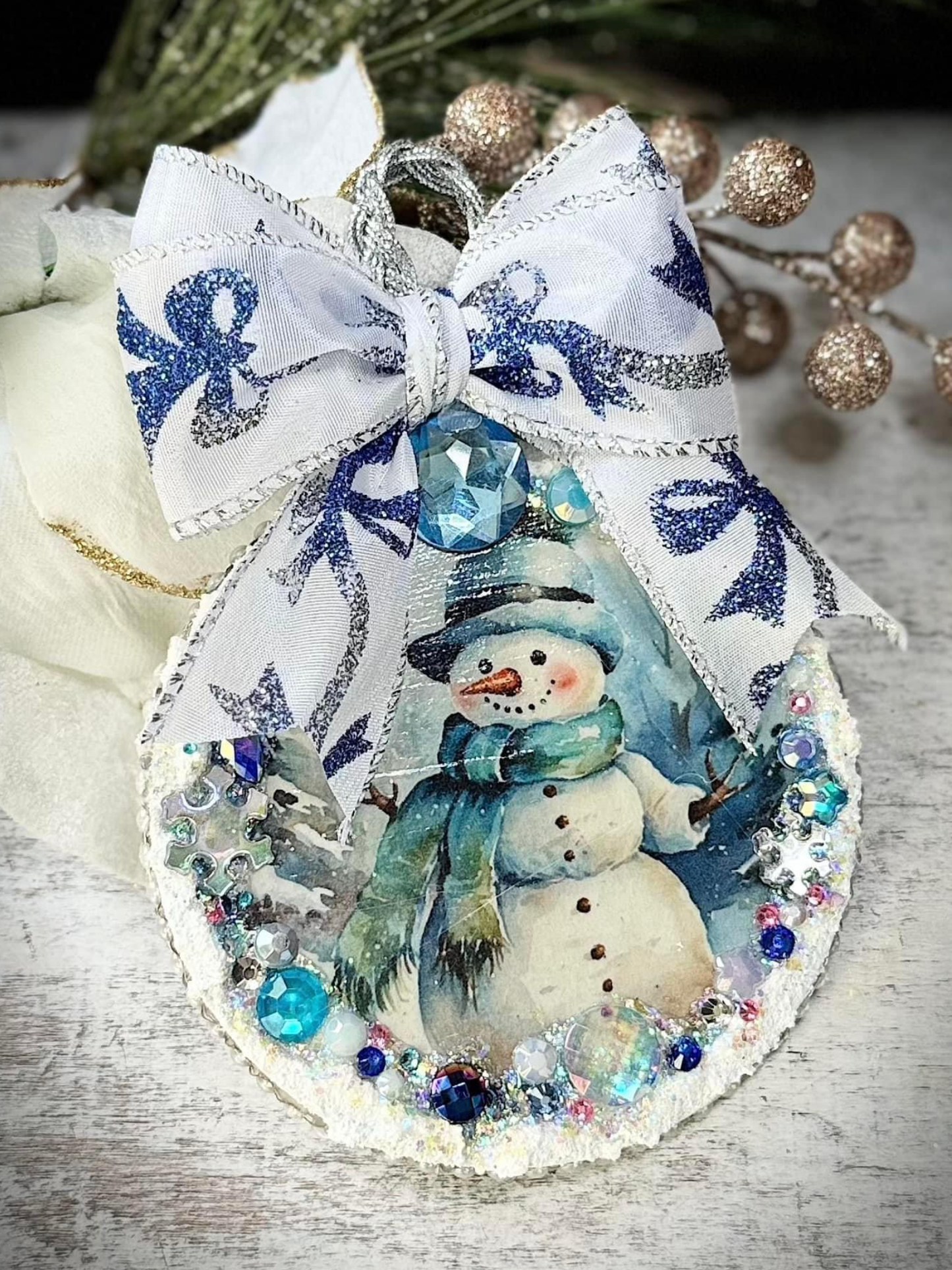 Handcrafted Blue Snowman Vintage Inspired Christmas Ornament