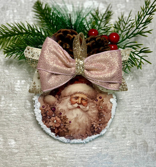 Handcrafted Vintage Inspired Pink Santa Christmas Ornament