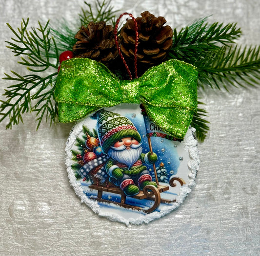 Gnome Sledding Ornament