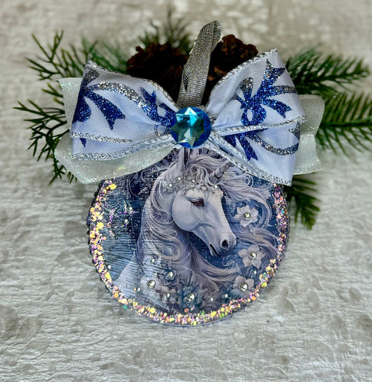 Handcrafted Vintage Inspired Blue and White Unicorn Christmas Ornament