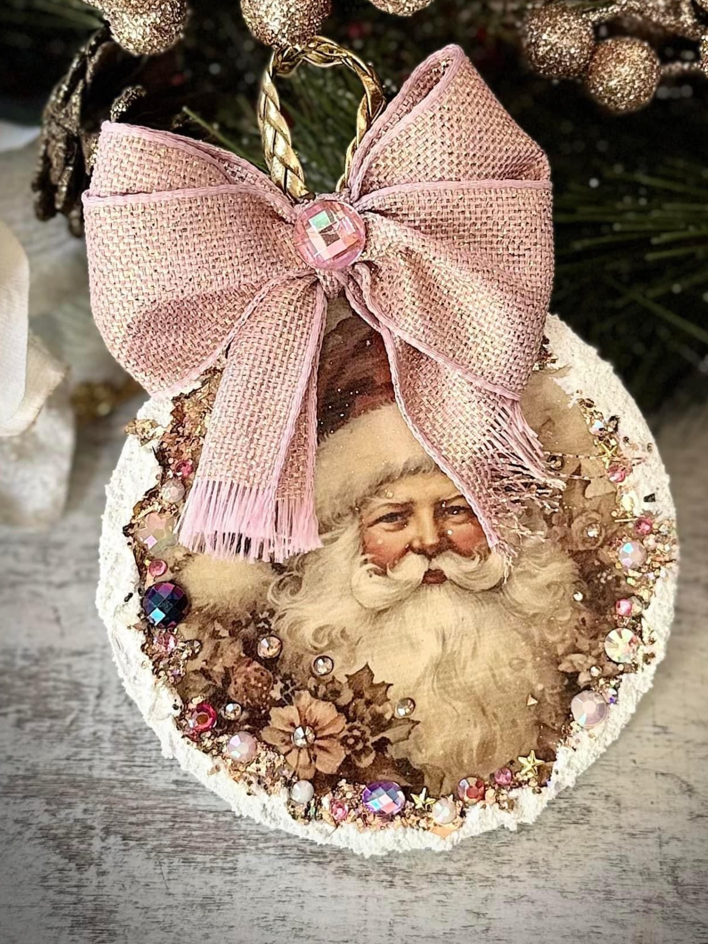 Handcrafted Vintage Inspired Pink & Champagne Gold Santa Christmas Ornament